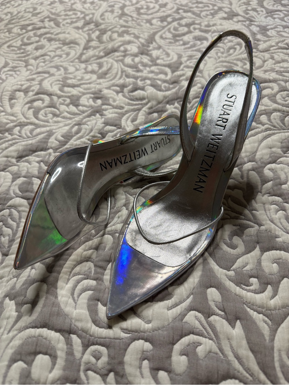 Stuart Weitzman Iridescent Silver Pointed-Toe Slingback Heels